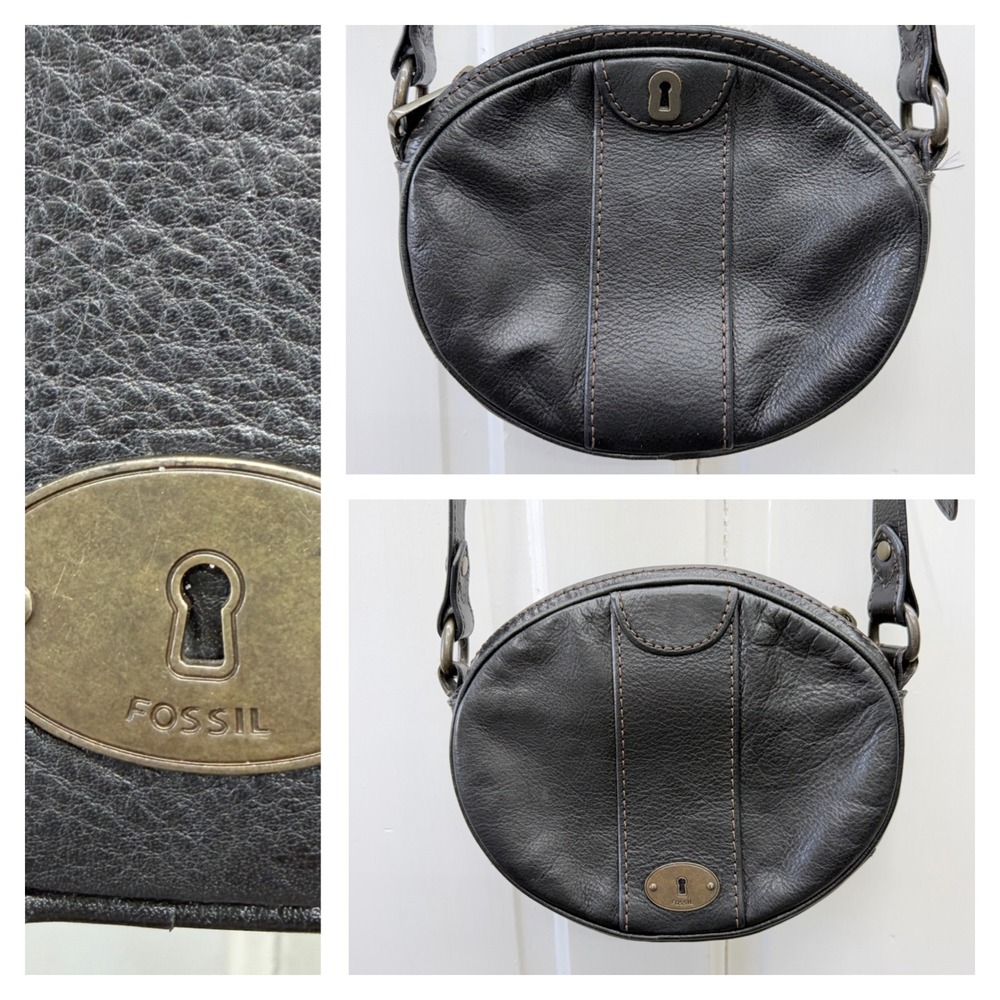 Fossil Black Leather Oval Crossbody Bag Purse Adjustable Strap 8.5 x 7 x 1.5